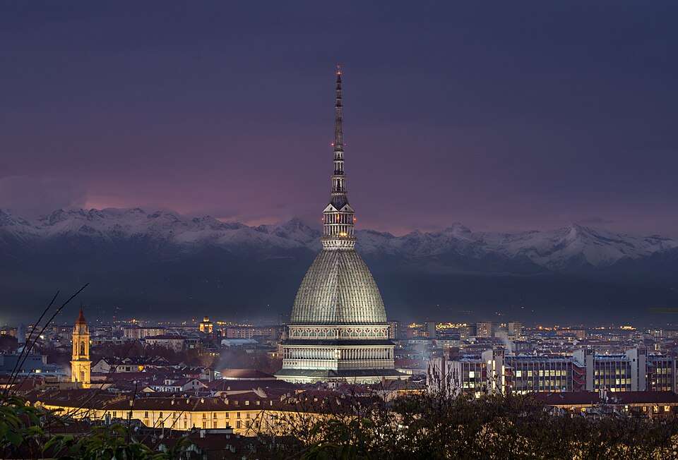 The Mole Antonelliana against the Alps at dusk, Turin